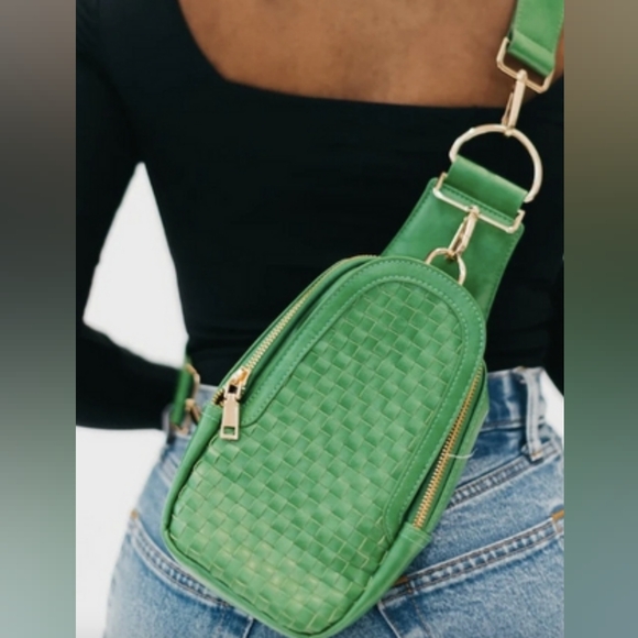 Pretty Simple Handbags - Pretty Simple Women's Waverly Emerald Woven Vegan Leather Sling Crossbody Bag